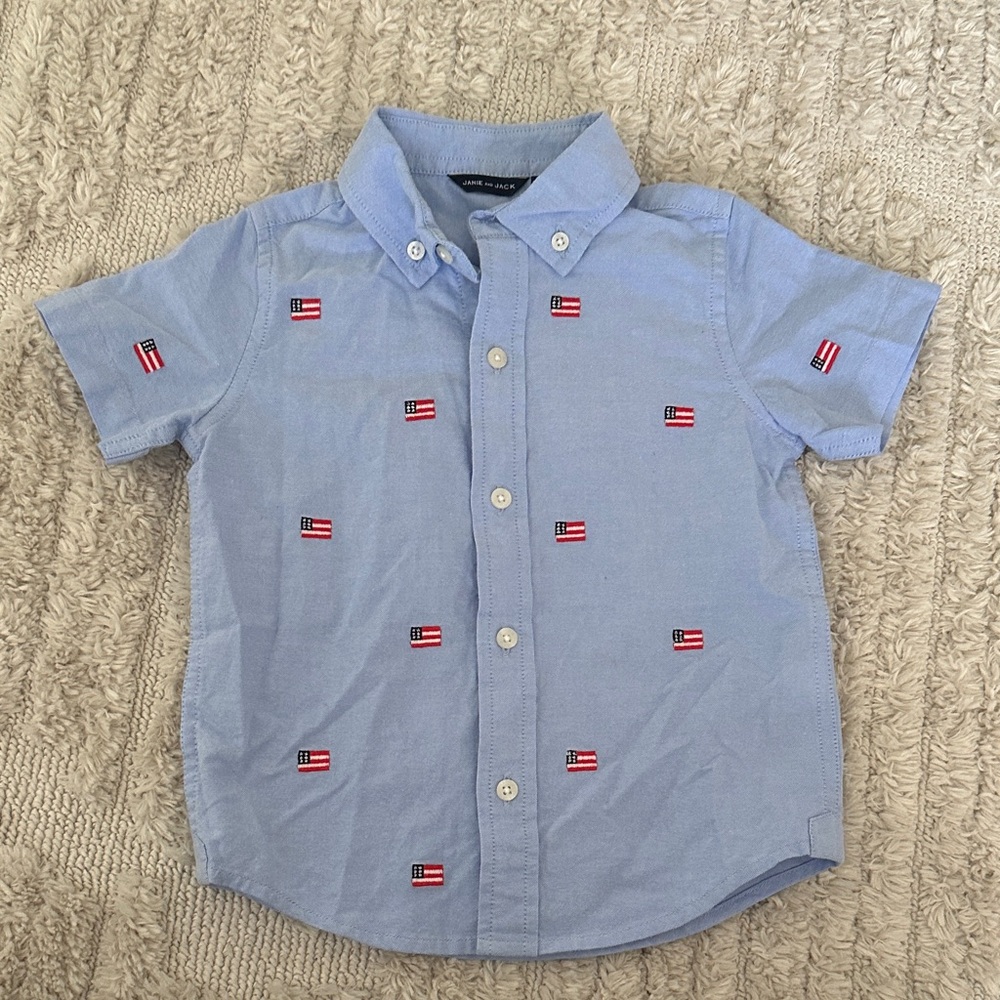 Janie and Jack Light Blue Button Down Shirt with Flag Embroidery